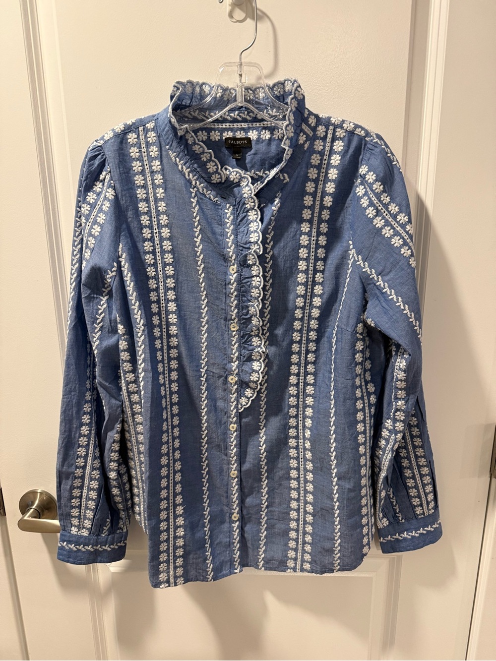 Talbots Blue Floral-Embroidered Ruffle Button-Down Shirt